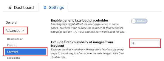 فعال کردن گزینه Exclude first number of images from lazyload