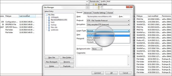 ورود برای مدیریت فایل در Filezilla